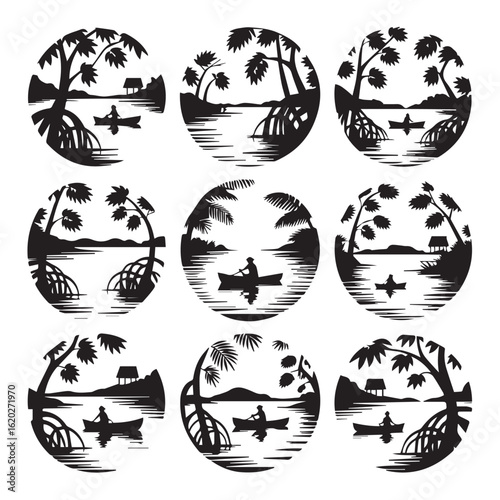 Collection of circular tropical island scenes with palm trees and a lone canoeist on calm water rendered in a striking silhouette style