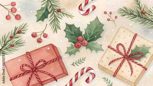 Christmas background with hand-painted watercolor illustrations of gifts holly and candy canes

