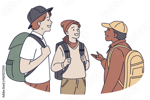 Sketch Style Backpackers Conversing in Group Outdoors