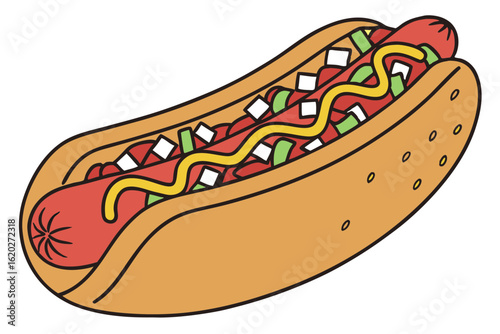 Classic Hot Dog Drawing on Plain White Surface