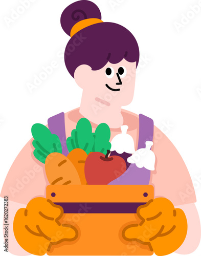 Cartoon Woman Holding Basket of Carrots – Cute Vector Illustration