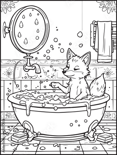 Printable animal-themed coloring page for kids and adults: Cute fox taking a shower