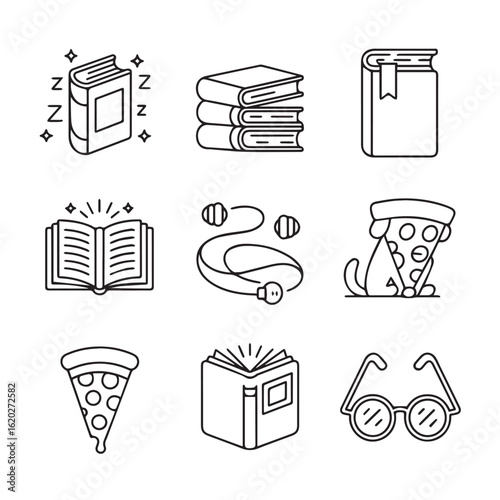 Collection of hand drawn doodle icons featuring books pizza a sleeping dog headphones and glasses in a charming silhouette style