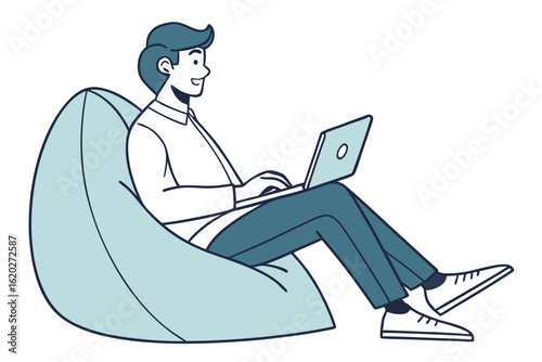 Man working on laptop sitting on bean bag isolated on clean white background