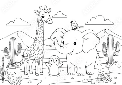 Cute cartoon animals including a giraffe, elephant, penguin, and bird in a savanna landscape with cacti printable illustration coloring page for kids