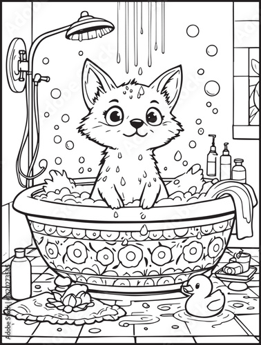 Printable animal-themed coloring page for kids and adults: Fox taking a shower