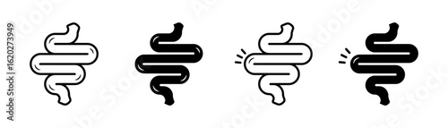 Intestine icon set. A simple and clean minimalist illustration of a digestive system intestine, showcasing potential pain or discomfort. Ideal for medical, health, and educational designs.