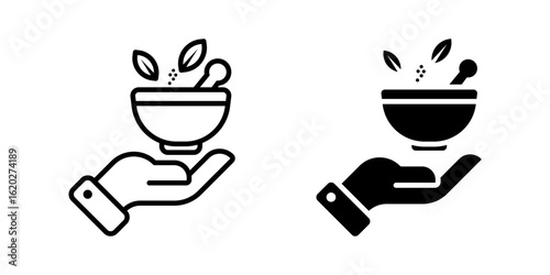 Herbal icon set. A simple minimalist style line art illustration of a hand holding a mortar and pestle with herbs, representing traditional medicine, alternative therapy, or pharmacy concept.