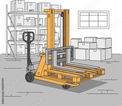 Warehouse pallet jack lifting a pallet of boxes.