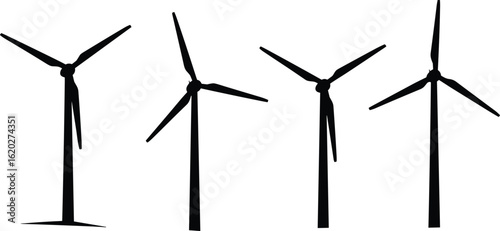 Wind turbine silhouette set, renewable energy vector illustration, wind power generator design, eco-friendly electricity source silhouette, sustainable energy turbine concept