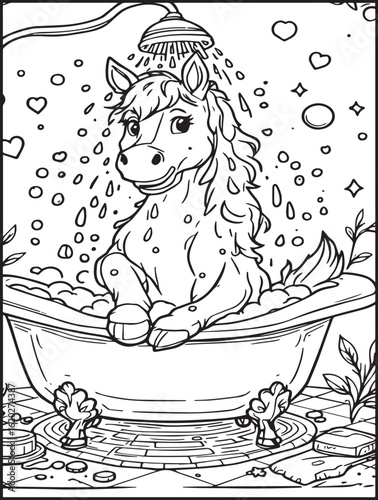Printable animal-themed coloring page for kids and adults: Funny horse taking a shower