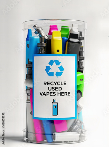 Transparent Vape Recycling Bin Filled with Used Disposable E-Cigarettes