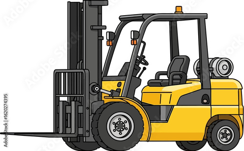 Yellow forklift with a raised mast, side view, detailed illustration.