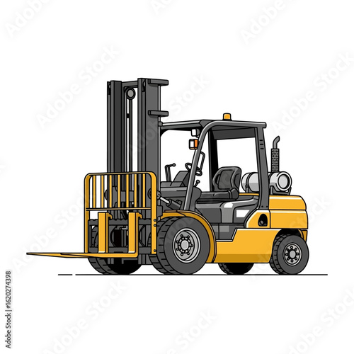 Illustration of a yellow and black forklift truck with a raised mast and forks, presented against a clean white background.