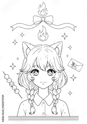 Anime cat girl with pigtails, fire, and stars, cute manga character illustration printable illustration coloring page for kids