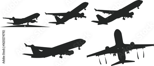 Aeroplane Takeoff Silhouette Vector Set - Black Icons