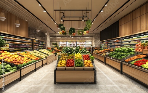 A vibrant stall of fresh fruits and vegetables at a bustling market in Barcelona, Spain