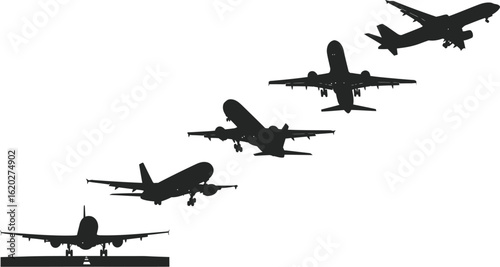 Aeroplane Takeoff Silhouette Vector Set - Black Icons