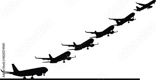 Aeroplane Takeoff Silhouette Vector Set - Black Icons