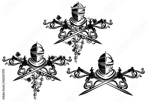 fairy tale medieval royal knight helmet, crossed swords and rose flowers black and white vintage style vector design element