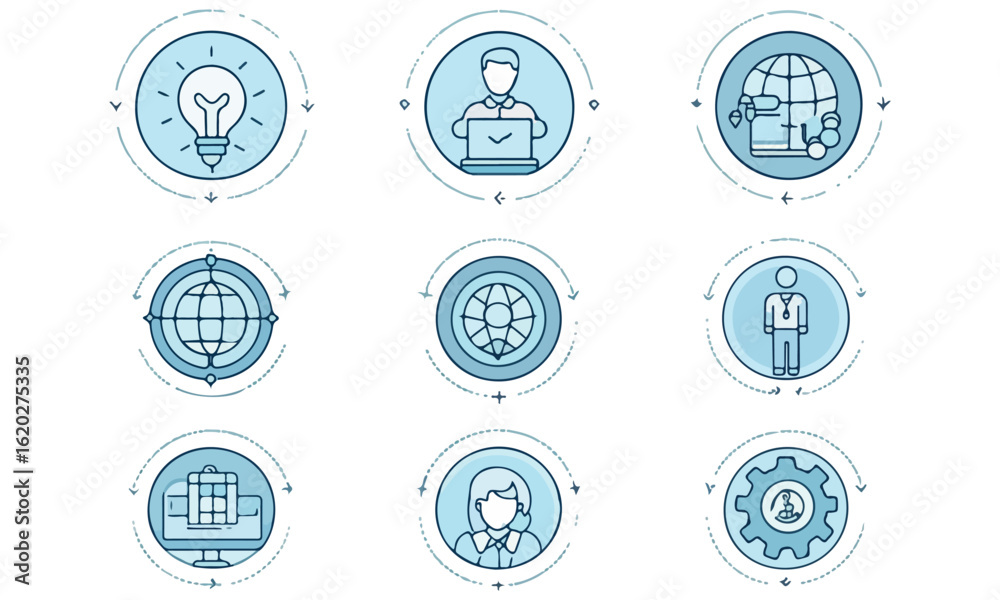 Fototapeta premium Essential Digital Nomad Icons for Remote Work, Travel and Productivity Design Projects