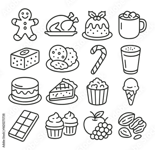 Festive food icons featuring holiday treats and beverages