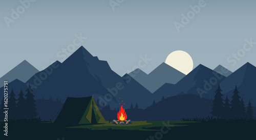 Tent camping by the campfire under the moonlit mountains  