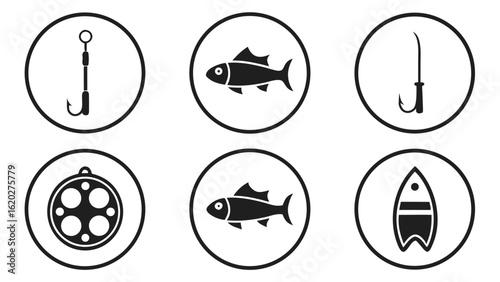Fishing Icons Set Fish and Accessories