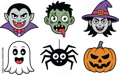 Cartoon halloween characters featuring vampire zombie witch spider ghost pumpkin