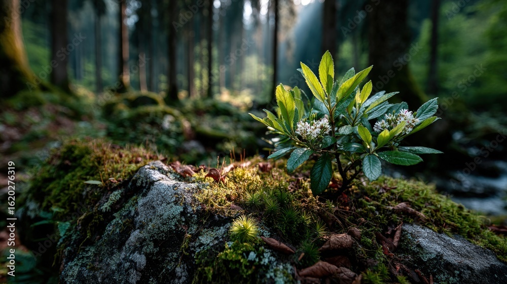 Lush green plant with white blossoms thrives on mossy rock in sun-dappled forest Lush green plant with white blossoms thrives on mossy rock in sun-dappled forest