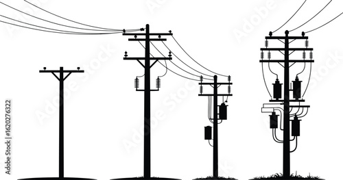 Utility pole silhouette set, electric pole vector, power distribution pole silhouette, transformer pole illustration, high voltage pole clipart, silhouette collection