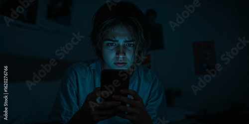 Woman looking at phone screen in dark lit blue room space
