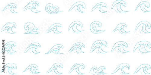 Collection of twenty four abstract watercolor brush strokes in light blue and green isolated on transparent background