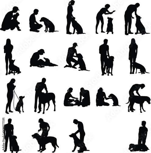 Dog training silhouette, people with pet dogs, caring, walking, sitting, petting, feeding, veterinary checkup, dog obedience, bonding, owner and pet vector