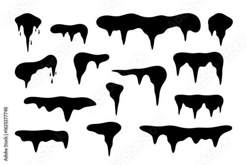 Icicle, a set of black silhouettes of different shapes of frozen dripping water, flat design, vector illustration. Winter ice graphic element for design and decoration. Isolated on a white background