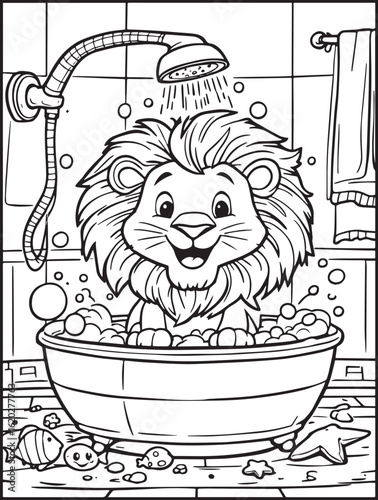 Printable animal-themed coloring page for kids and adults: Cute lion taking a shower