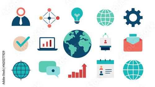 Collection of business and technology icons in a flat design style