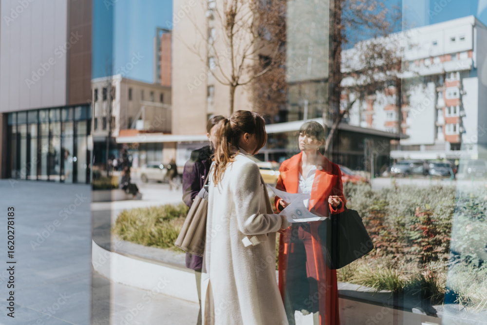 Fototapeta premium Three women engaged in a collaborative discussion about documents in a modern urban environment, reflecting teamwork, outdoor interactions, and professionalism