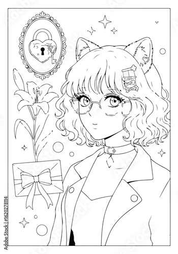 Anime cat girl with glasses, lily flower, envelope, and ornate lock frame, black and white outline drawing for coloring book printable illustration coloring page for kids