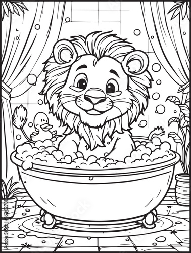 Printable animal-themed coloring page for kids and adults: Lion taking a shower