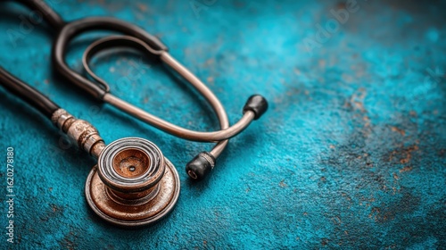 Aged stethoscope on textured teal surface
