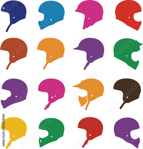 Colorful Motorcycle & Sports Helmet Collection: Vibrant Silhouettes of Full-Face, Open-Face, and Off-Road Helmets for Safety, Racing, and Adventure Sports Icons.