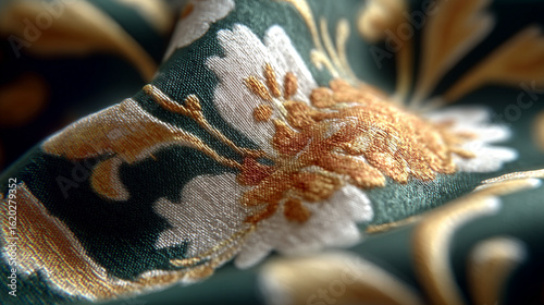 Indonesian batik fabric in soft green, cream, and tosca tones, showcasing geometric patterns with a traditional woven motif