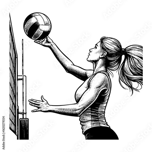Woman volleyball player jumping in front net	in monochrome drawing