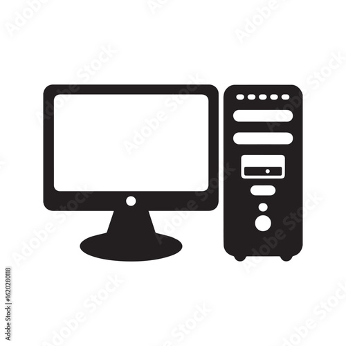 Desktop computer icon, PC with monitor and system unit tower, technology symbol for workstation