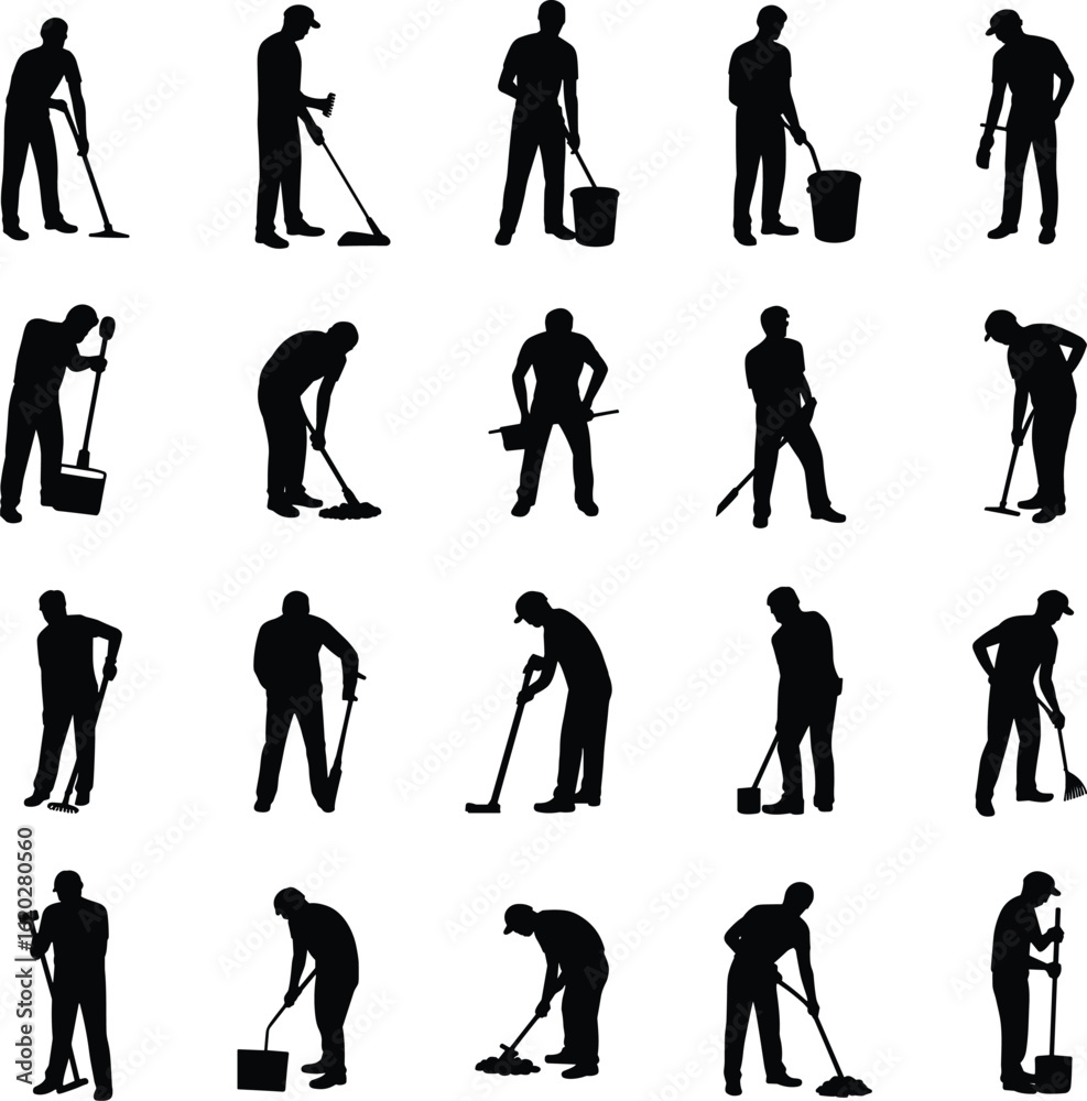 Obraz premium Worker cleaning silhouettes with mop broom bucket, man janitor labor posture set, housekeeping staff job, cleaning service maintenance black vector icons