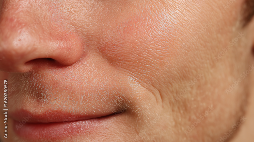 Obraz premium Close up of male face showing smooth skin texture and slight smile with natural light highlighting healthy complexion and fine facial hair