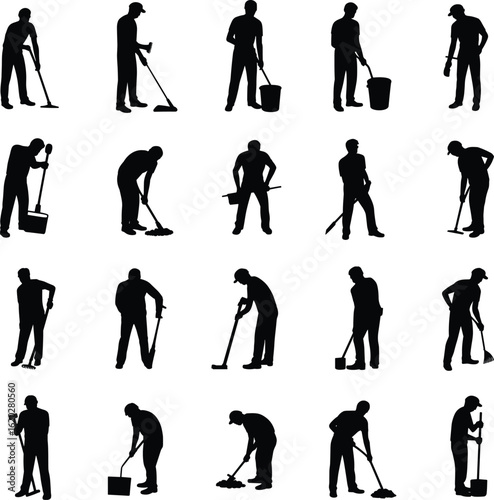 Worker cleaning silhouettes with mop broom bucket, man janitor labor posture set, housekeeping staff job, cleaning service maintenance black vector icons