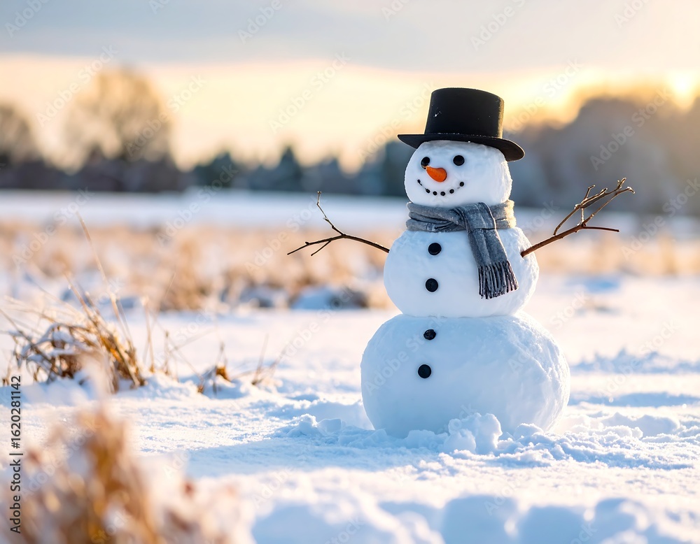Obraz premium Snowman in snowy field at sunset