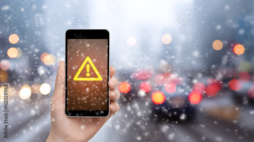 A winter weather warning is prominently displayed on smartphones as heavy snowfall creates challenging conditions in bustling urban traffic